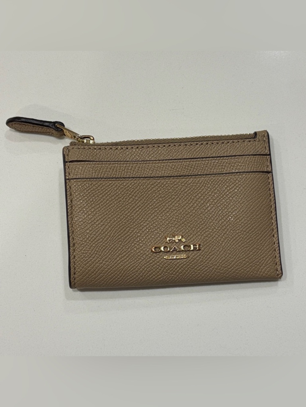 Coach Beige/Taupe Leather Zip Card Holder with ID Window